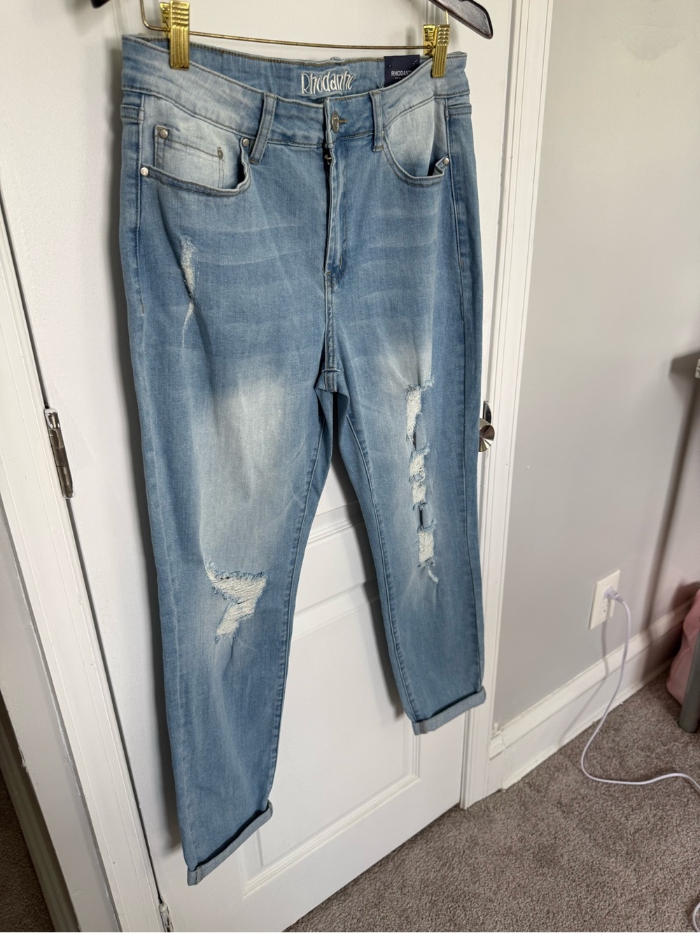 Light Blue Distressed Boyfriend Jeans for Women - Picture 2 of 10